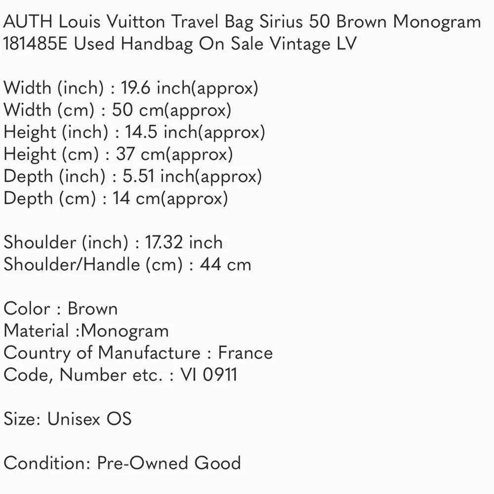 AUTH Louis Vuitton Travel Bag Sirius 50 Brown Monogram 181485E Used Handbag - Picture 10 of 13